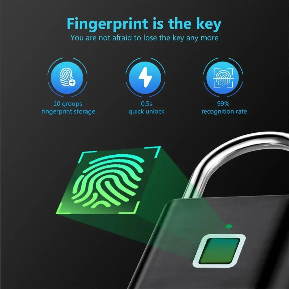 Keyless USB Charging Fingerprint Lock Smart Padlock Waterproof Door Lock 0.2Sec Unlock Portable Anti-Theft Padlock Zinc