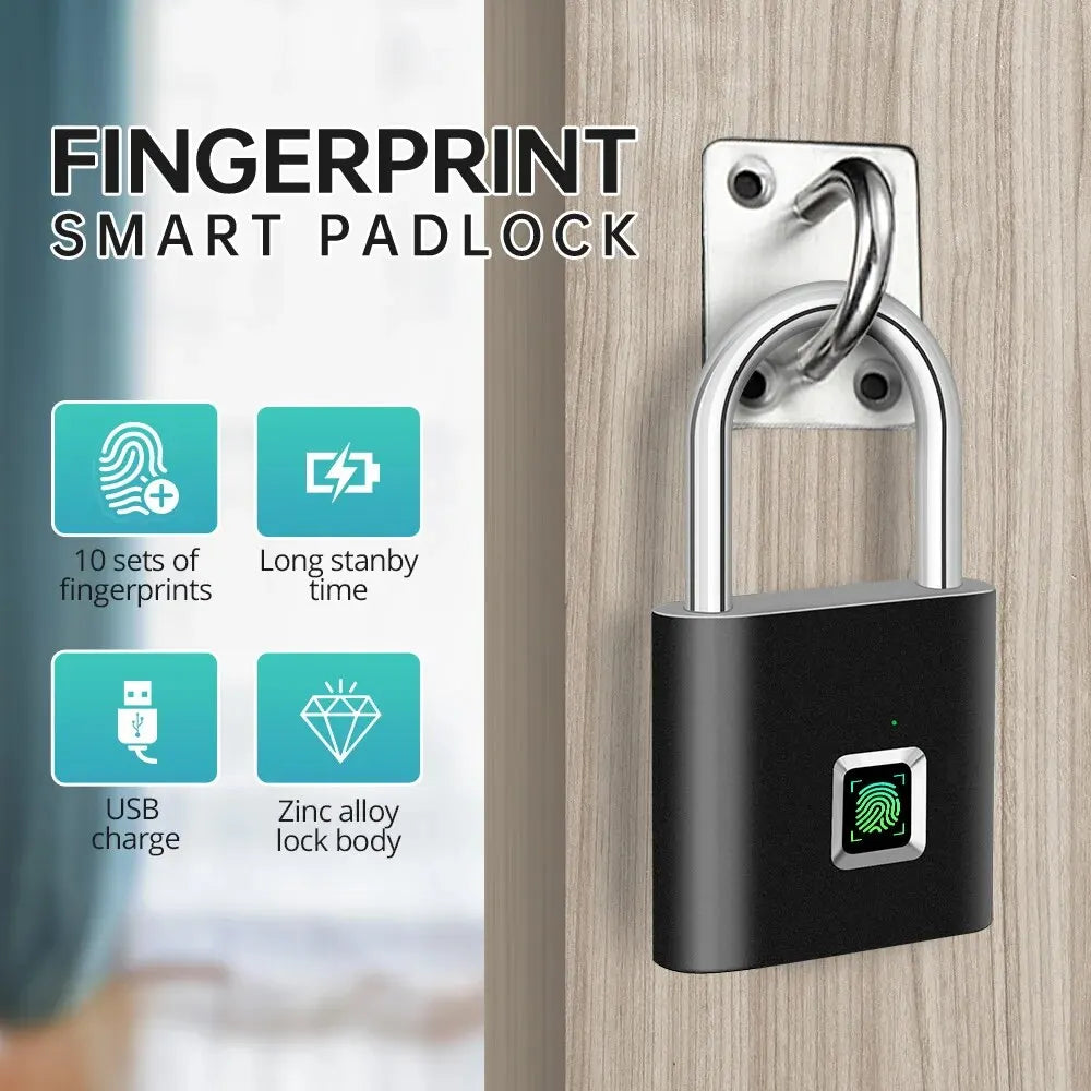 Keyless USB Charging Fingerprint Lock Smart Padlock Waterproof Door Lock 0.2Sec Unlock Portable Anti-Theft Padlock Zinc